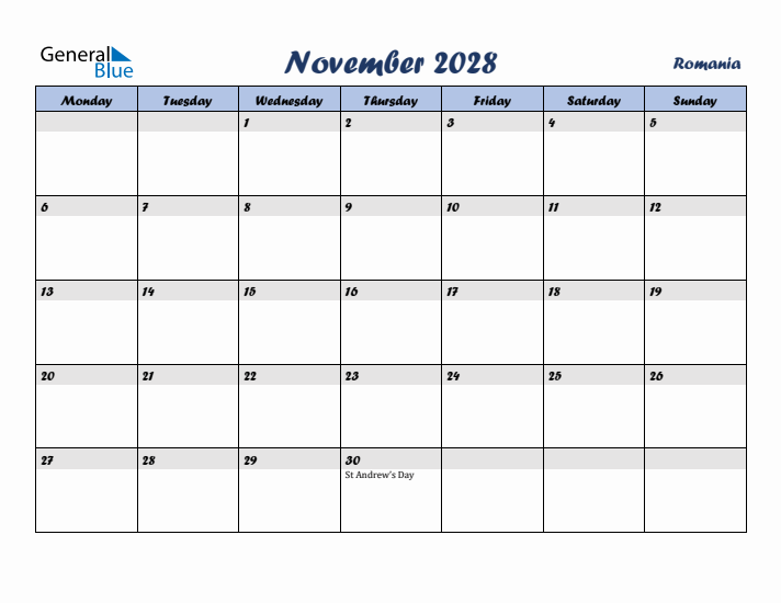 November 2028 Calendar with Holidays in Romania
