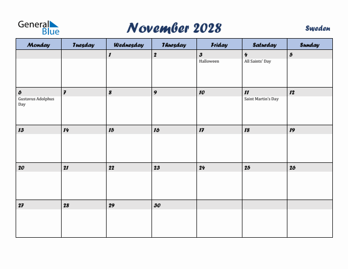 November 2028 Calendar with Holidays in Sweden