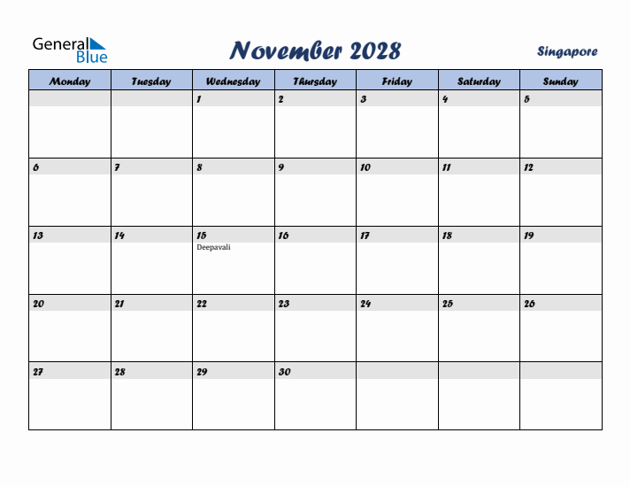 November 2028 Calendar with Holidays in Singapore
