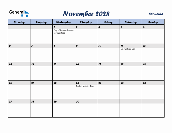 November 2028 Calendar with Holidays in Slovenia