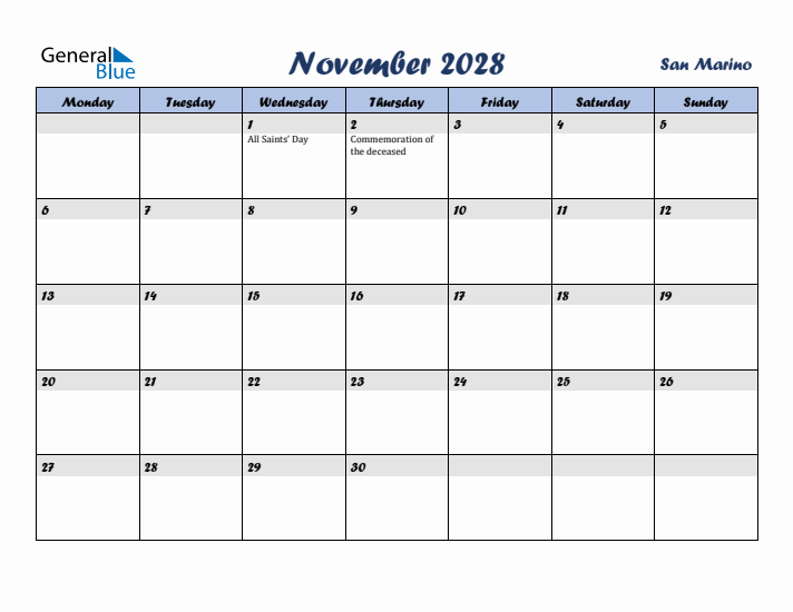 November 2028 Calendar with Holidays in San Marino