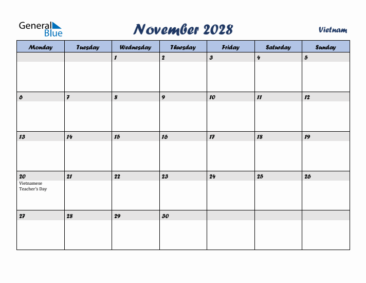 November 2028 Calendar with Holidays in Vietnam