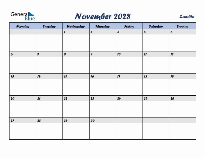 November 2028 Calendar with Holidays in Zambia