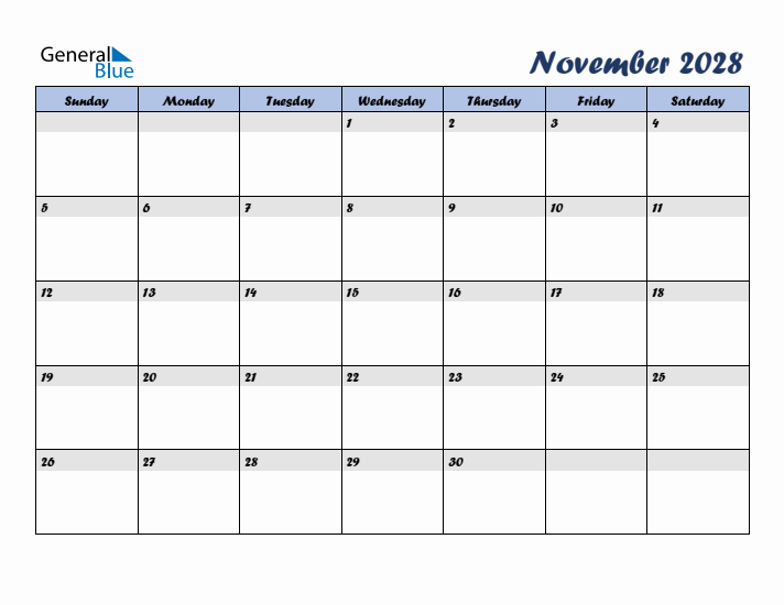 November 2028 Blue Calendar (Sunday Start)