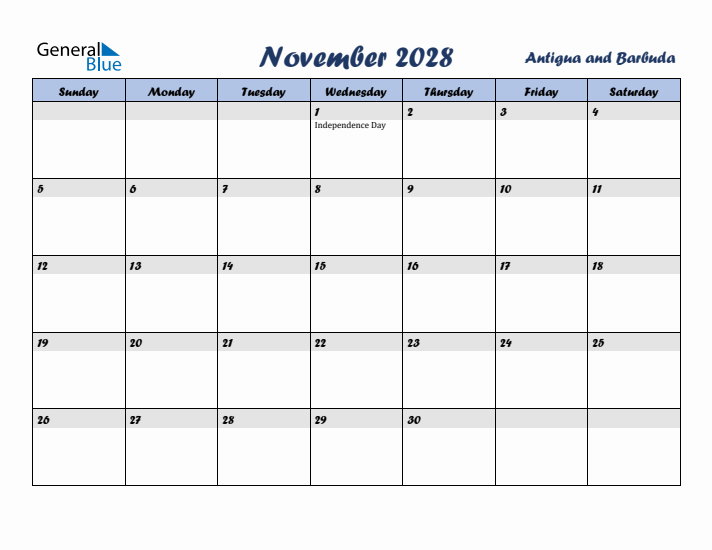 November 2028 Calendar with Holidays in Antigua and Barbuda
