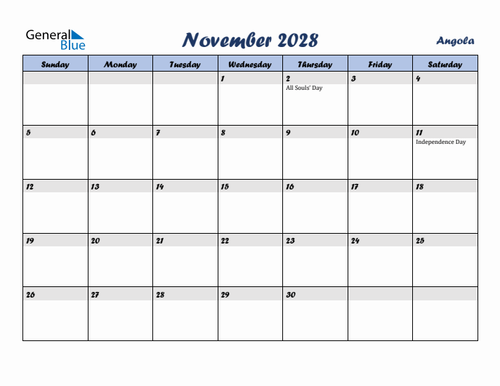 November 2028 Calendar with Holidays in Angola