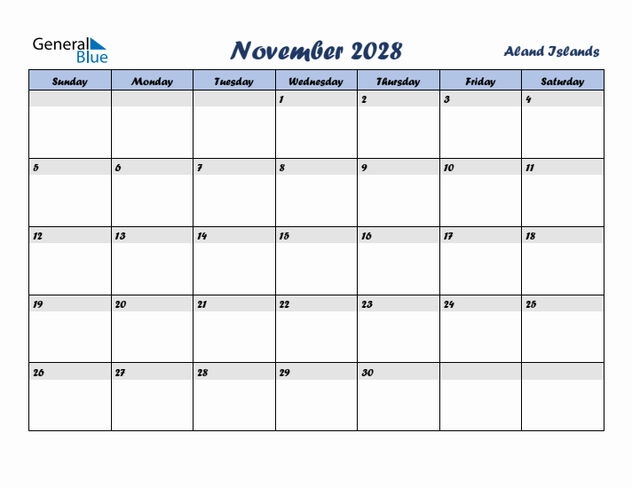 November 2028 Calendar with Holidays in Aland Islands