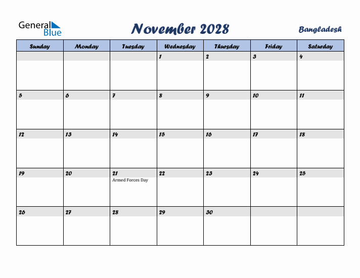 November 2028 Calendar with Holidays in Bangladesh