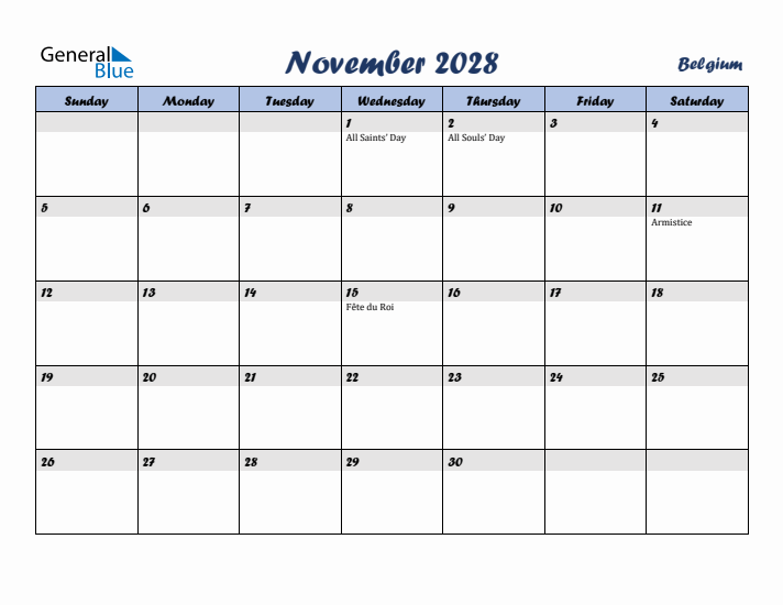 November 2028 Calendar with Holidays in Belgium