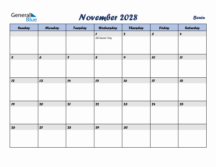 November 2028 Calendar with Holidays in Benin