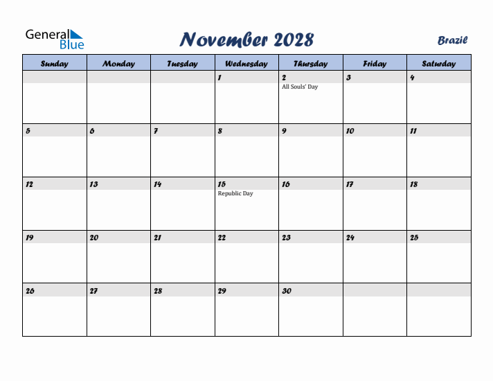 November 2028 Calendar with Holidays in Brazil