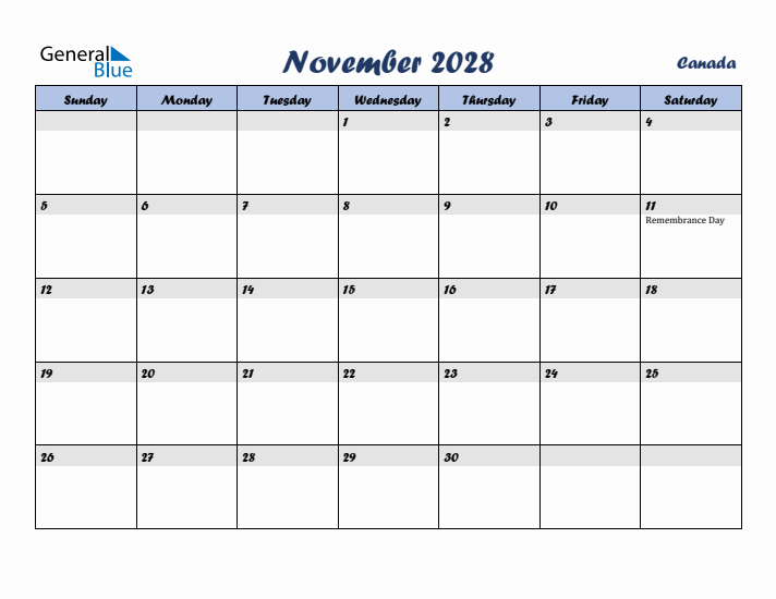 November 2028 Calendar with Holidays in Canada