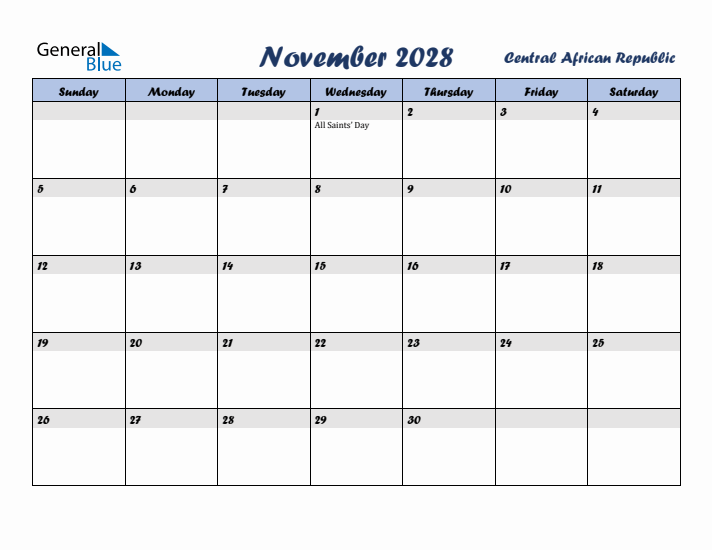 November 2028 Calendar with Holidays in Central African Republic