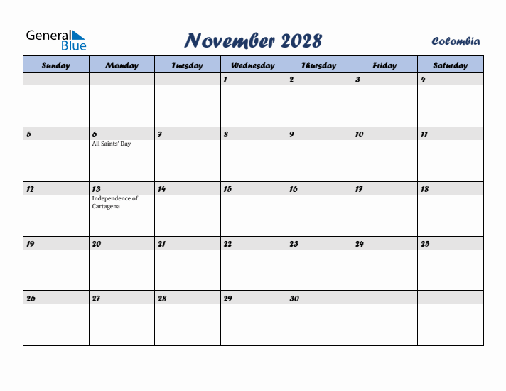 November 2028 Calendar with Holidays in Colombia