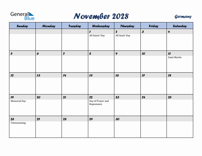 November 2028 Calendar with Holidays in Germany