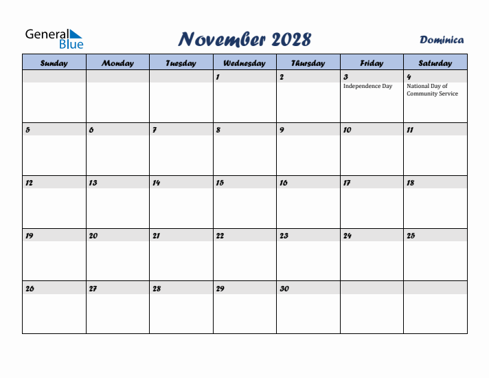 November 2028 Calendar with Holidays in Dominica