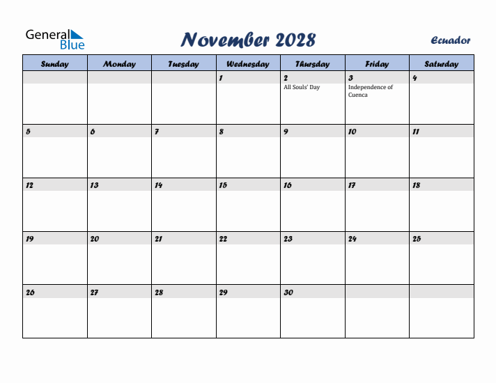 November 2028 Calendar with Holidays in Ecuador