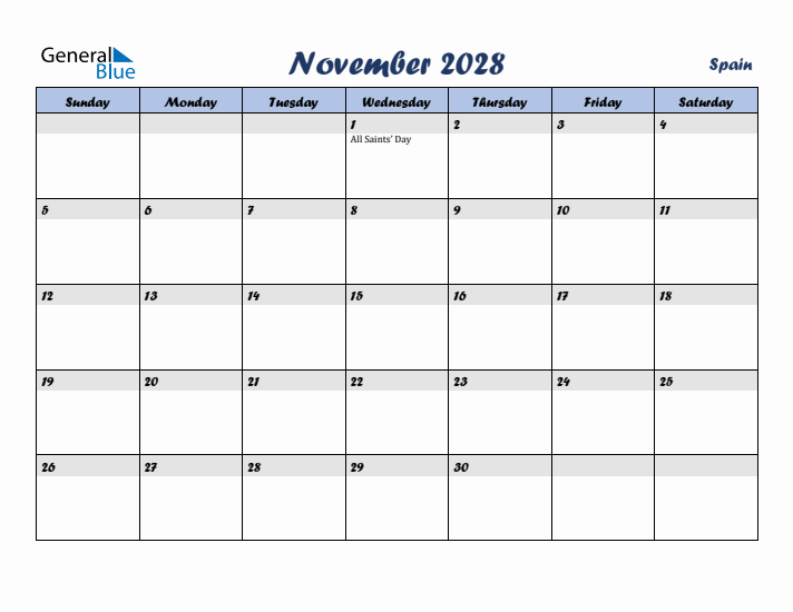 November 2028 Calendar with Holidays in Spain