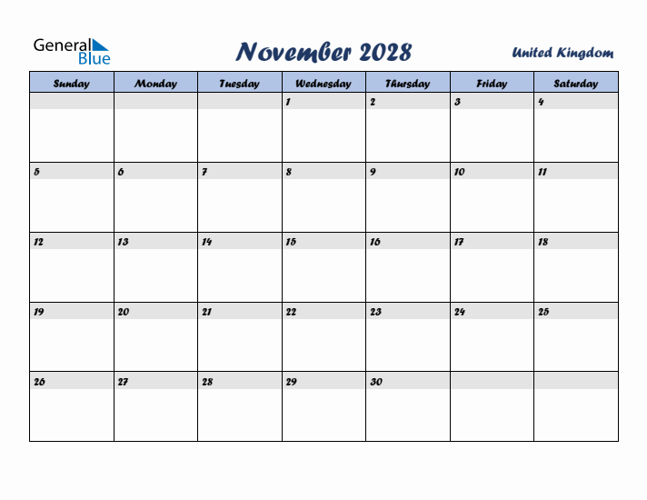 November 2028 Calendar with Holidays in United Kingdom
