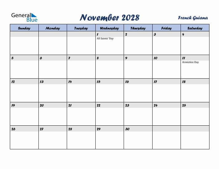 November 2028 Calendar with Holidays in French Guiana