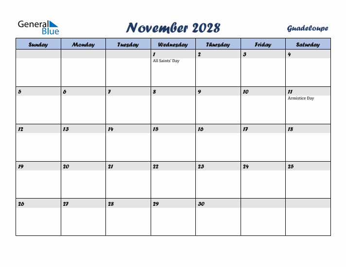 November 2028 Calendar with Holidays in Guadeloupe