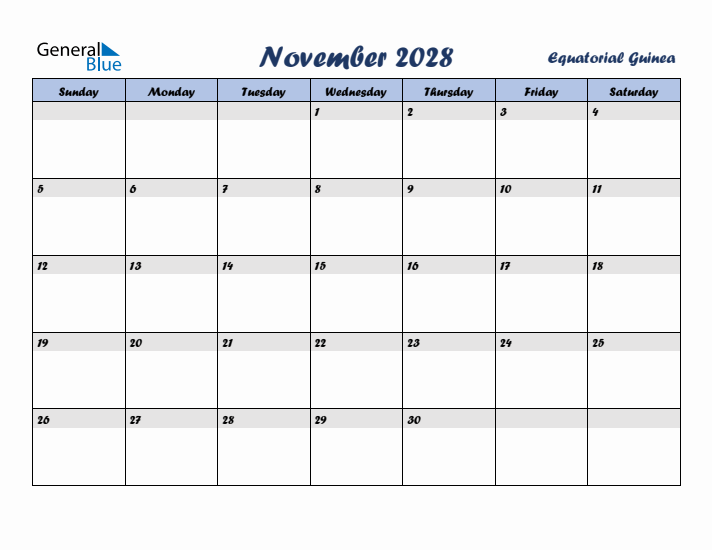 November 2028 Calendar with Holidays in Equatorial Guinea