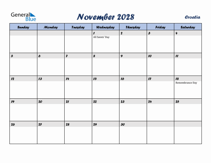 November 2028 Calendar with Holidays in Croatia