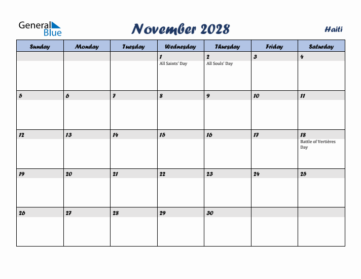 November 2028 Calendar with Holidays in Haiti