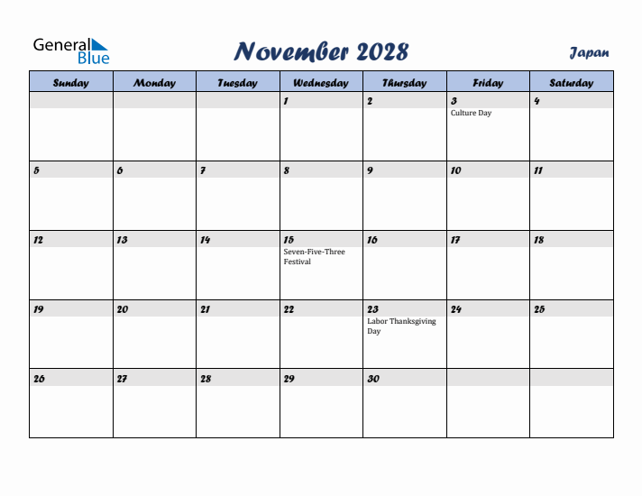 November 2028 Calendar with Holidays in Japan