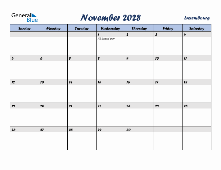 November 2028 Calendar with Holidays in Luxembourg