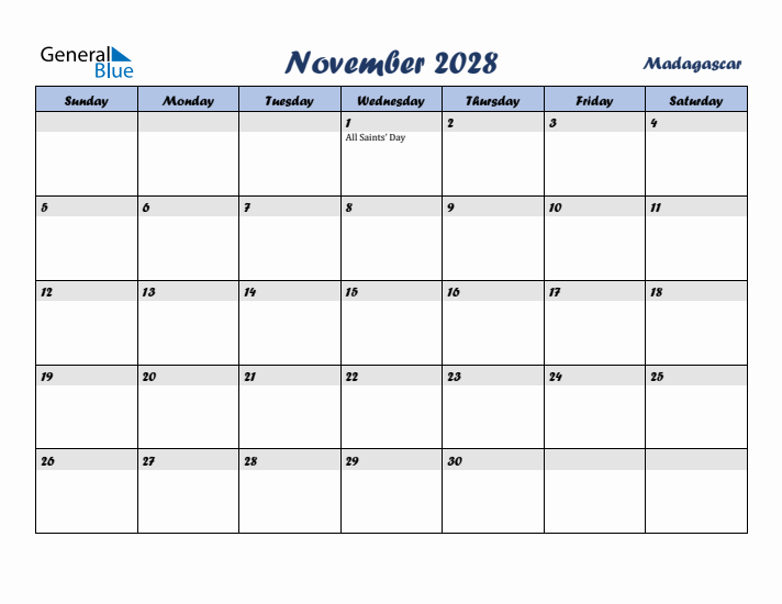November 2028 Calendar with Holidays in Madagascar