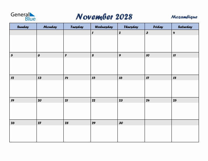 November 2028 Calendar with Holidays in Mozambique