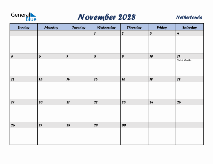 November 2028 Calendar with Holidays in The Netherlands