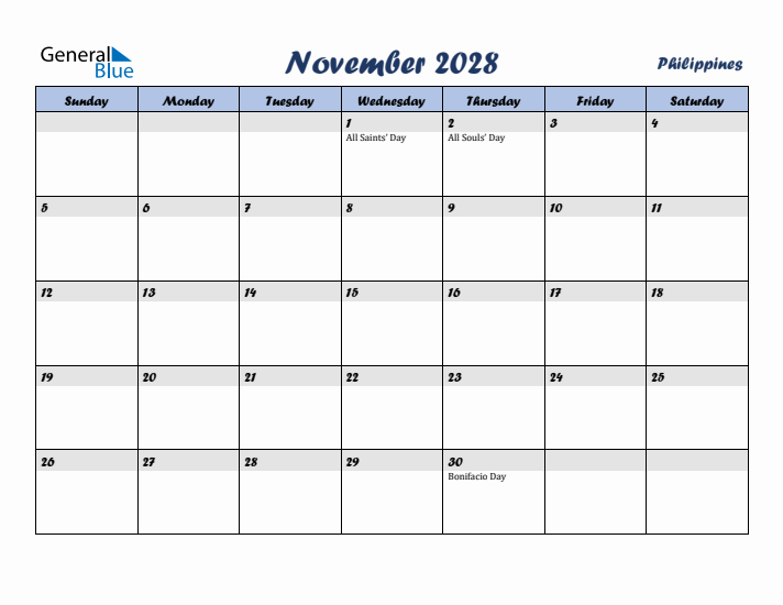 November 2028 Calendar with Holidays in Philippines