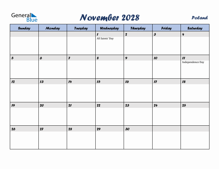 November 2028 Calendar with Holidays in Poland