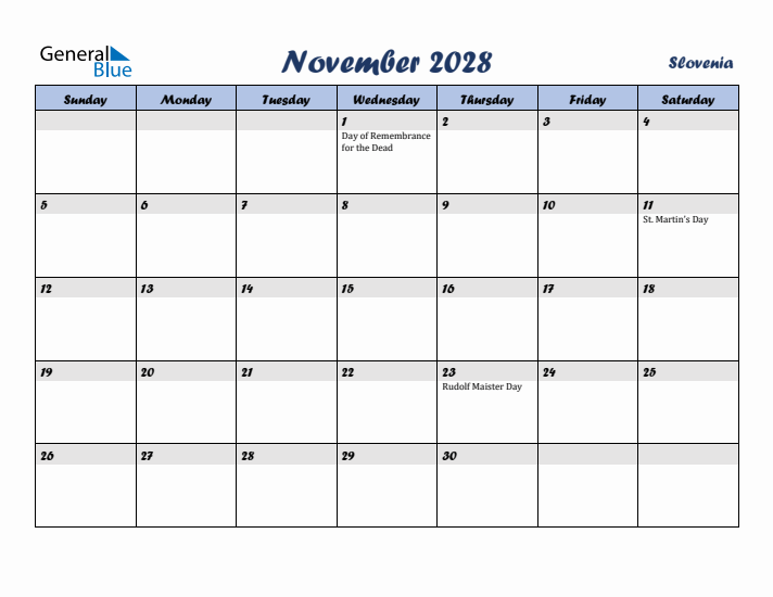 November 2028 Calendar with Holidays in Slovenia