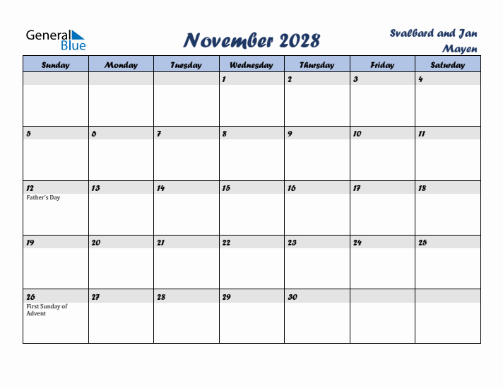 November 2028 Calendar with Holidays in Svalbard and Jan Mayen