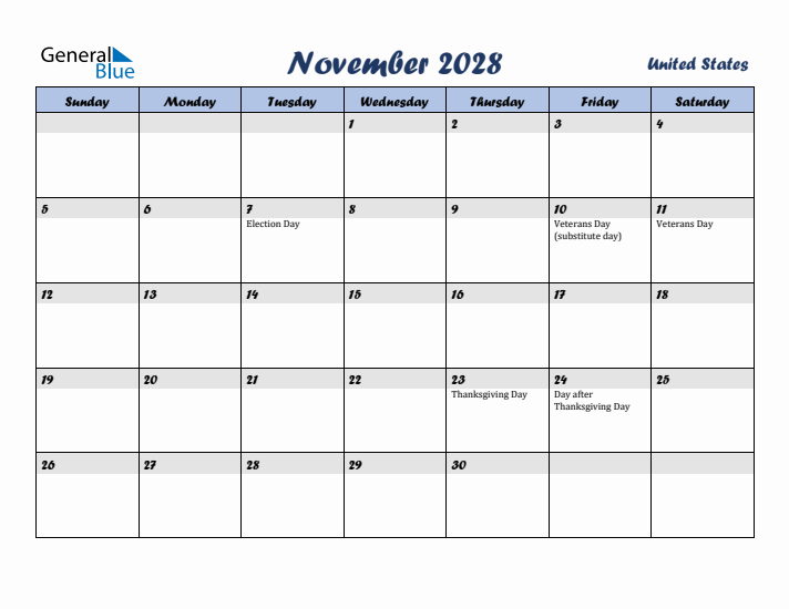 November 2028 Calendar with Holidays in United States