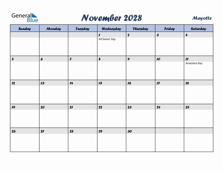 November 2028 Calendar with Holidays in Mayotte