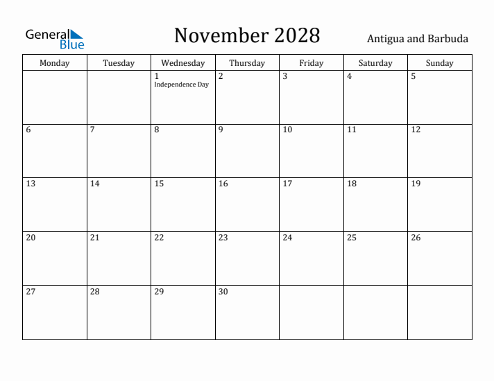 November 2028 Calendar Antigua and Barbuda