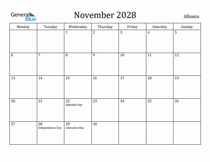 November 2028 Calendar Albania