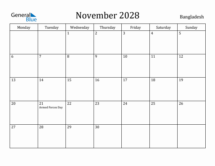 November 2028 Calendar Bangladesh