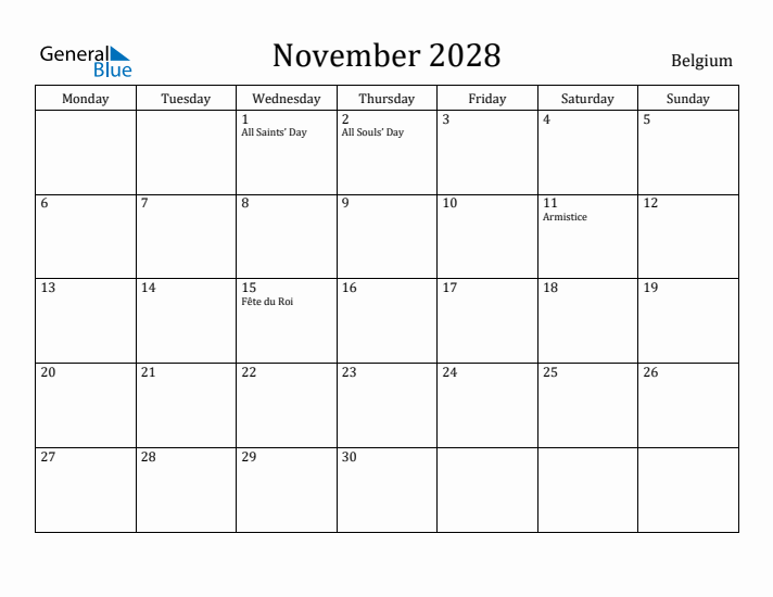 November 2028 Calendar Belgium