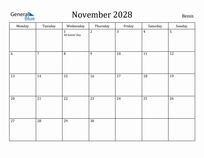 November 2028 Calendar Benin