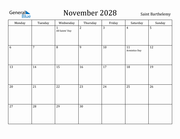 November 2028 Calendar Saint Barthelemy