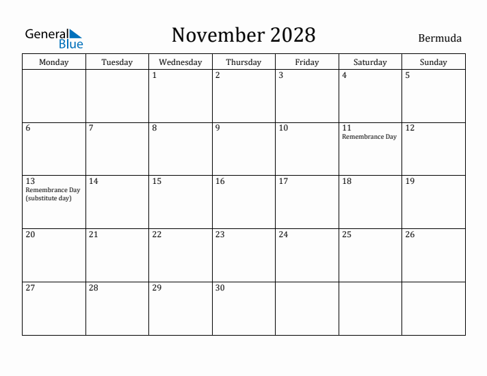 November 2028 Calendar Bermuda