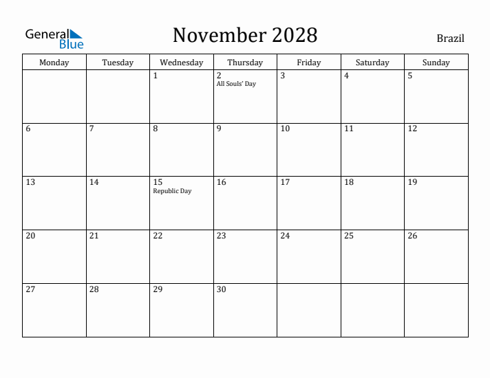 November 2028 Calendar Brazil
