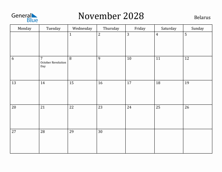 November 2028 Calendar Belarus