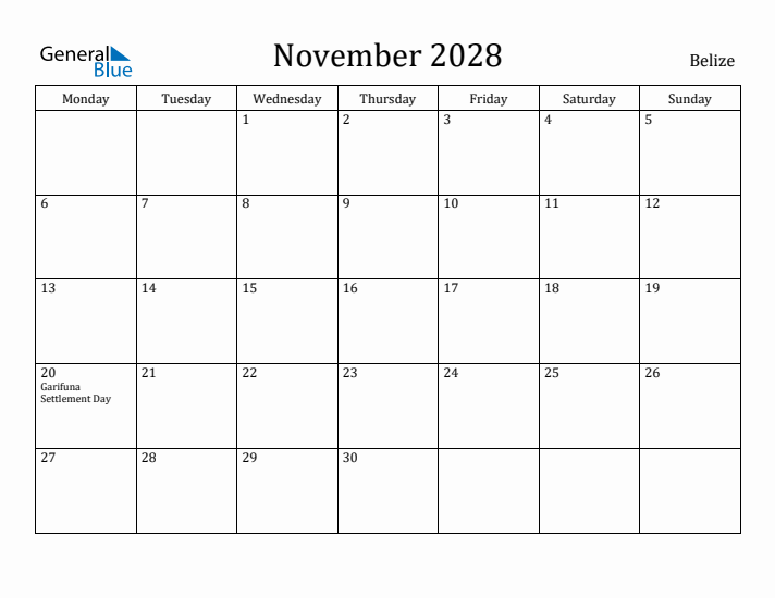 November 2028 Calendar Belize