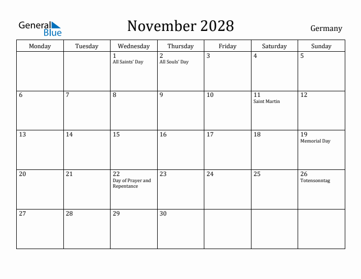 November 2028 Calendar Germany